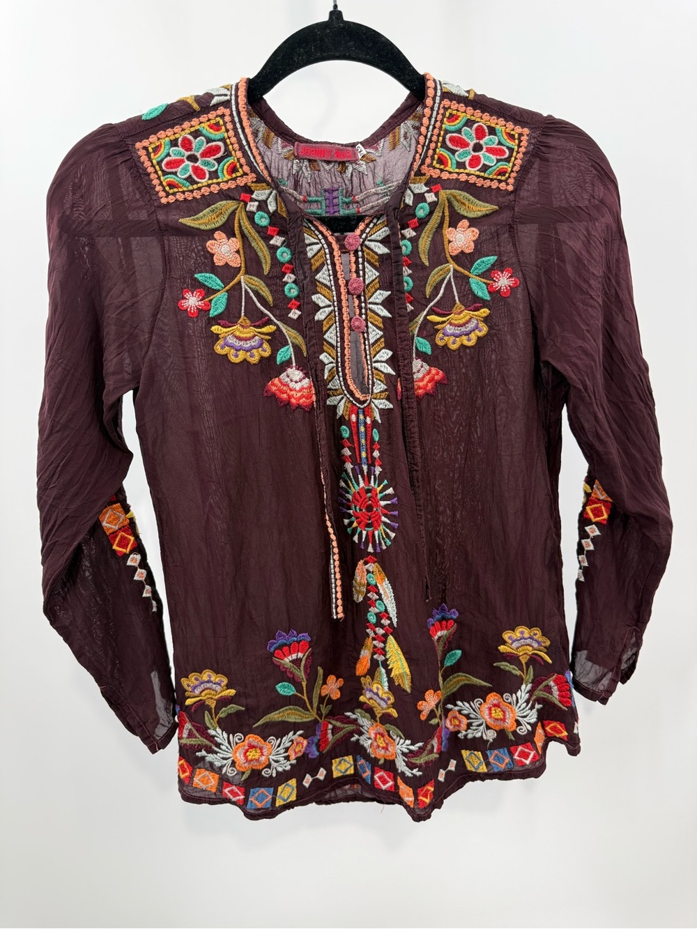 Johnny Was Free Spirit Embroidered Georgette Blouse Size PXS